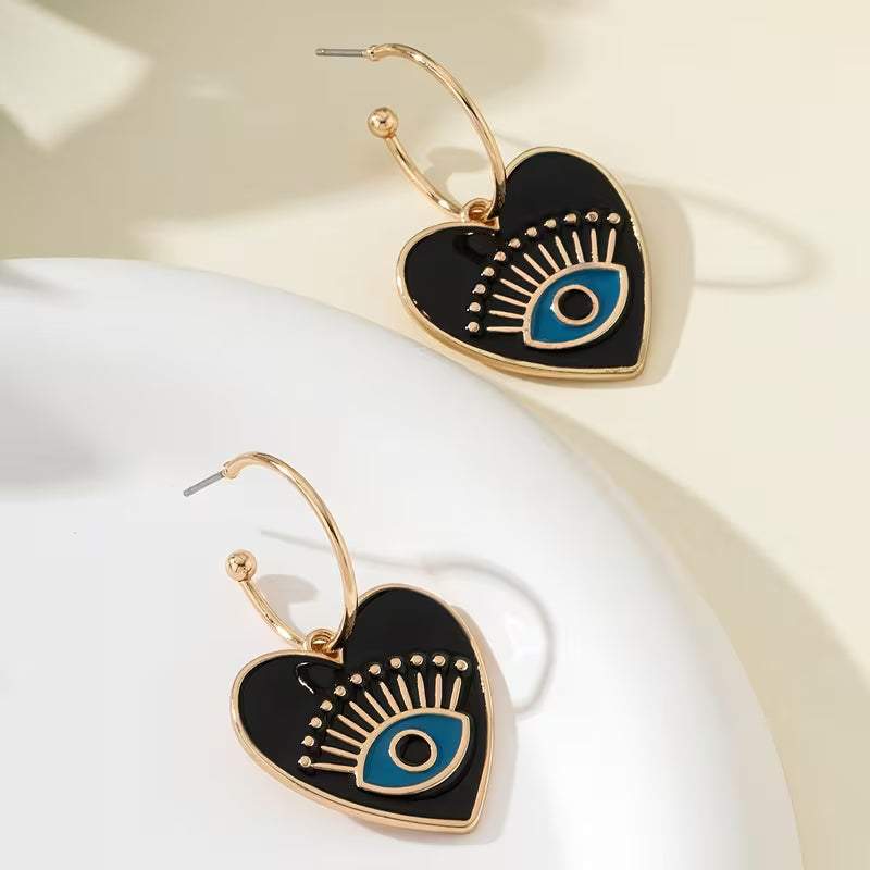 Black Enamel Heart Evil Eye Earrings
