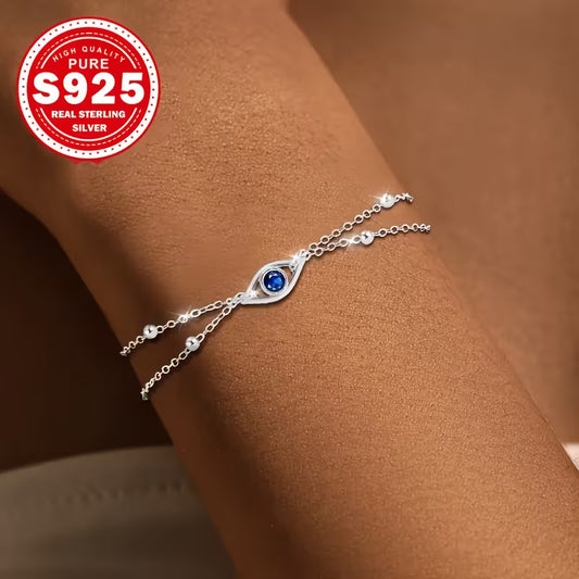 925 Sterling Silver Dual Chain Evil Eye Bracelet