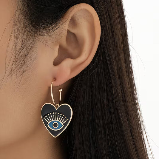 Black Enamel Heart Evil Eye Earrings
