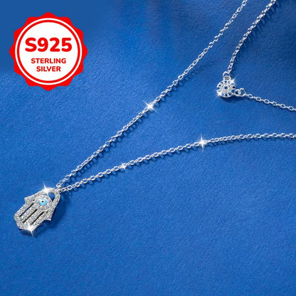 925 Sterling Silver Hamsa Hand + Evil Eye Necklace