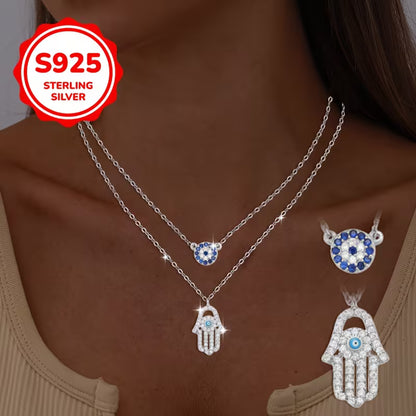 925 Sterling Silver Hamsa Hand + Evil Eye Necklace