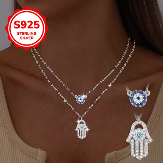925 Sterling Silver Hamsa Hand + Evil Eye Necklace