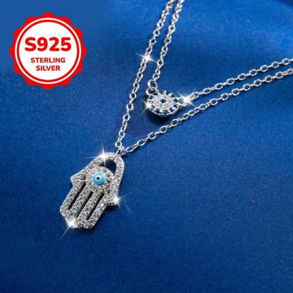 925 Sterling Silver Hamsa Hand + Evil Eye Necklace