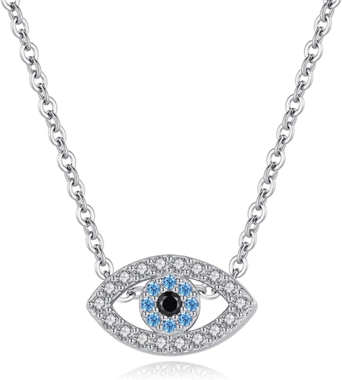 Silver Blue Rhinestone Evil Eye Pendant Necklace