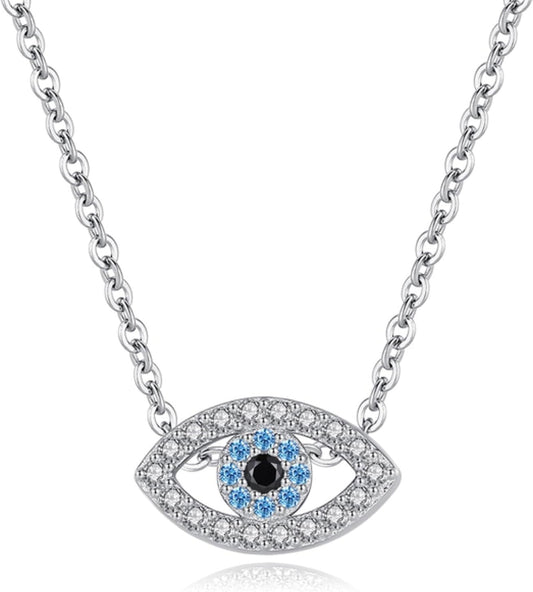 Silver Blue Rhinestone Evil Eye Pendant Necklace