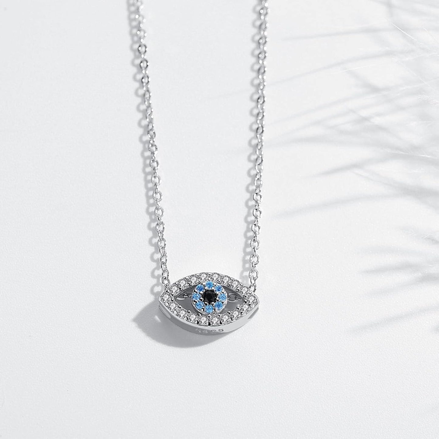Silver Blue Rhinestone Evil Eye Pendant Necklace