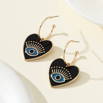 Black Enamel Heart Evil Eye Earrings