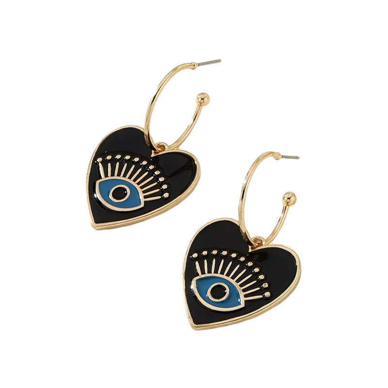 Black Enamel Heart Evil Eye Earrings