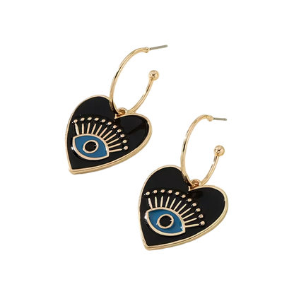 Black Enamel Heart Evil Eye Earrings