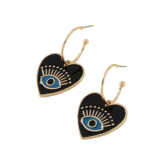 Black Enamel Heart Evil Eye Earrings