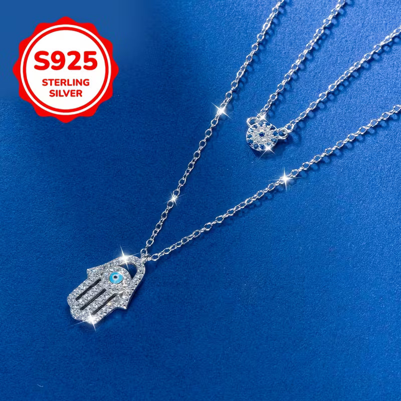 925 Sterling Silver Hamsa Hand + Evil Eye Necklace