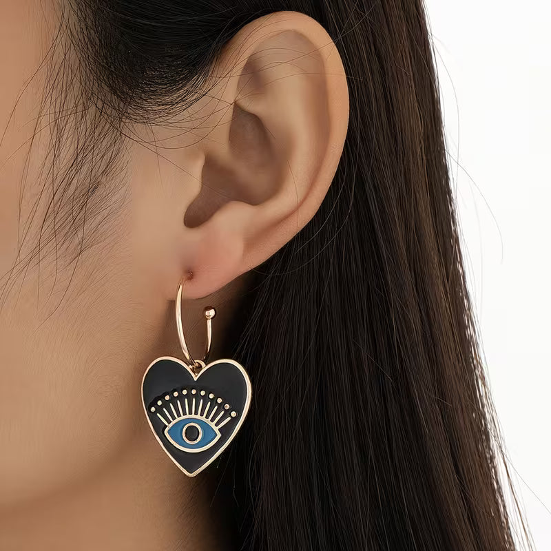 Black Enamel Heart Evil Eye Earrings