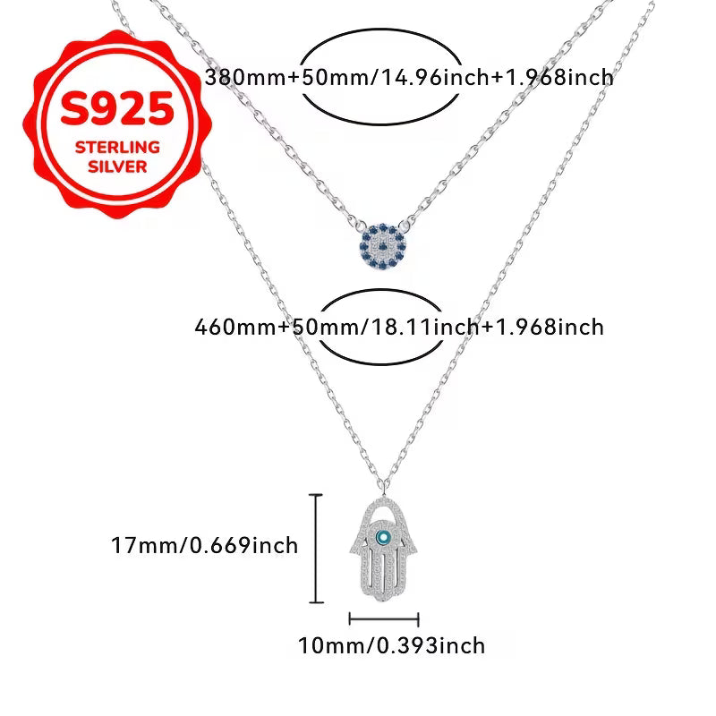 925 Sterling Silver Hamsa Hand + Evil Eye Necklace