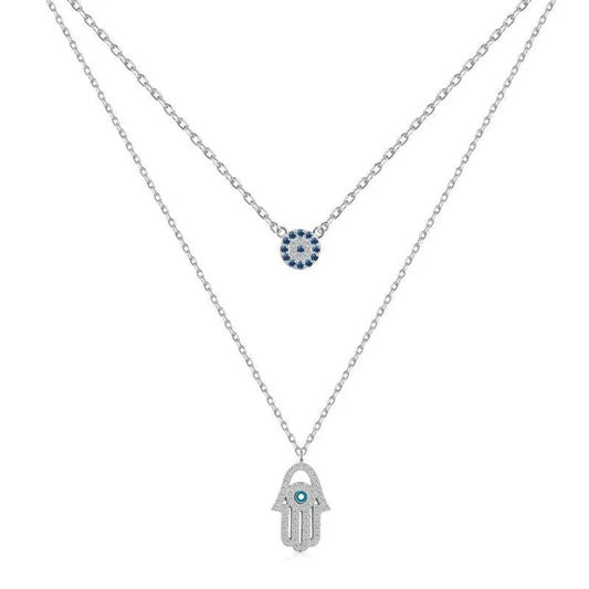 925 Sterling Silver Hamsa Hand + Evil Eye Necklace